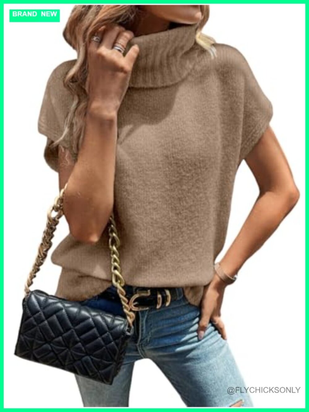 Turtleneck Cap Sleeve Sweater Vest Loose Oversized Knit Pullover